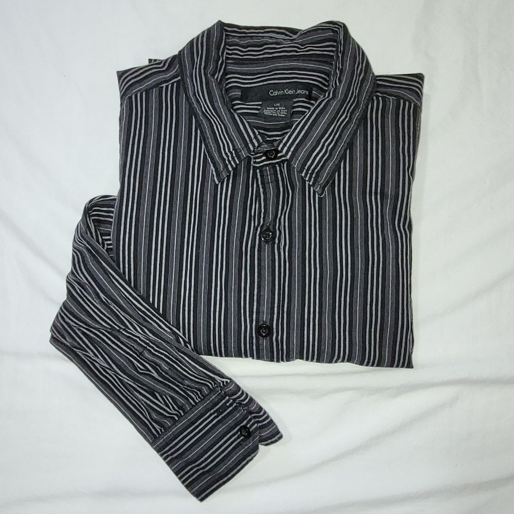 Calvin Klein Jeans Size Large Men's Striped Black Long Sleeve Button Up Shirt